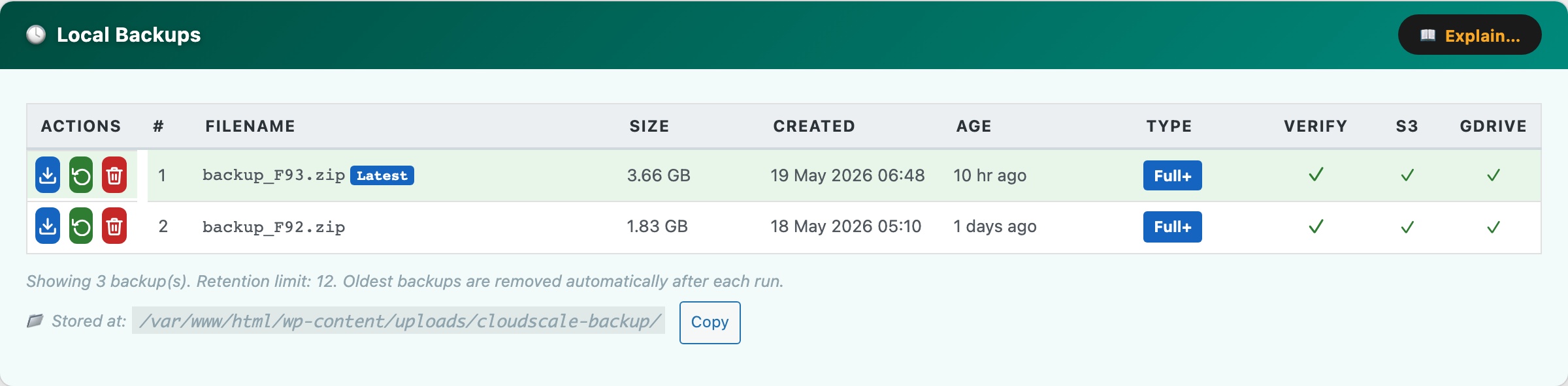 CloudScale Backup & Restore — Free WordPress Backup Plugin with One-Click Restore & Cloud Sync — Local Backup History screenshot