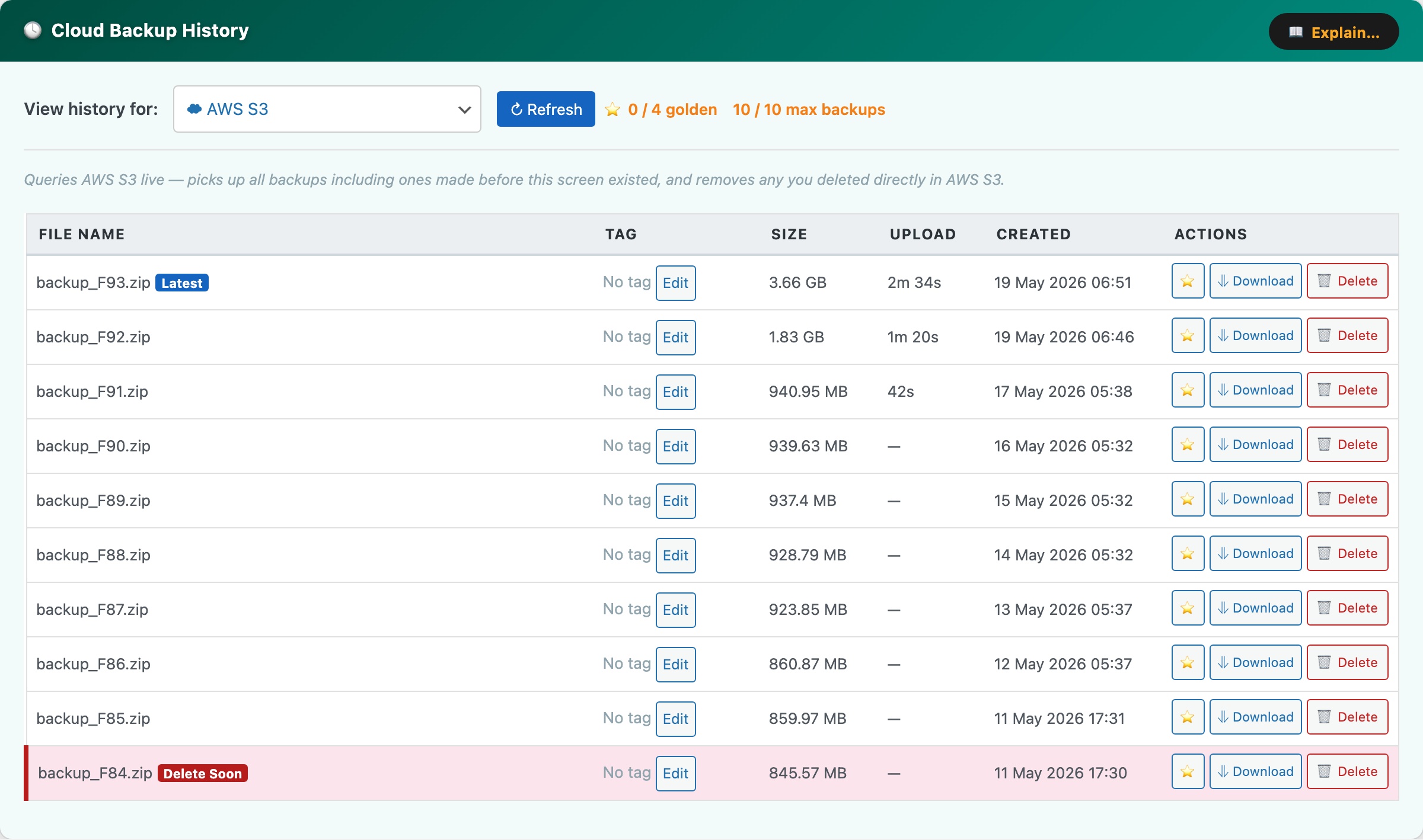 CloudScale Backup & Restore — Free WordPress Backup Plugin with One-Click Restore & Cloud Sync — Cloud Backup History screenshot