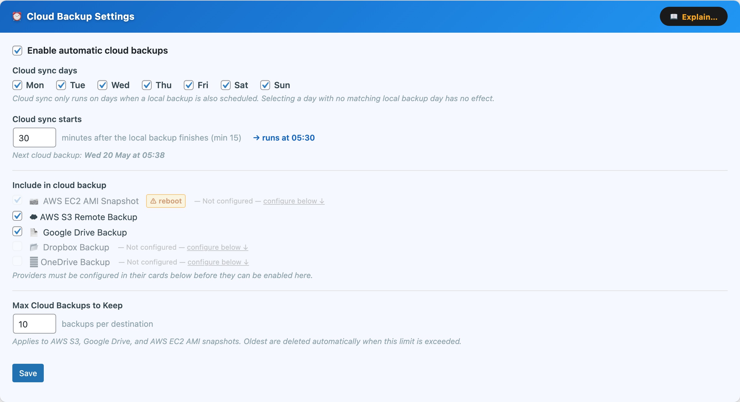 CloudScale Backup & Restore — Free WordPress Backup Plugin with One-Click Restore & Cloud Sync — Cloud Backup Settings screenshot