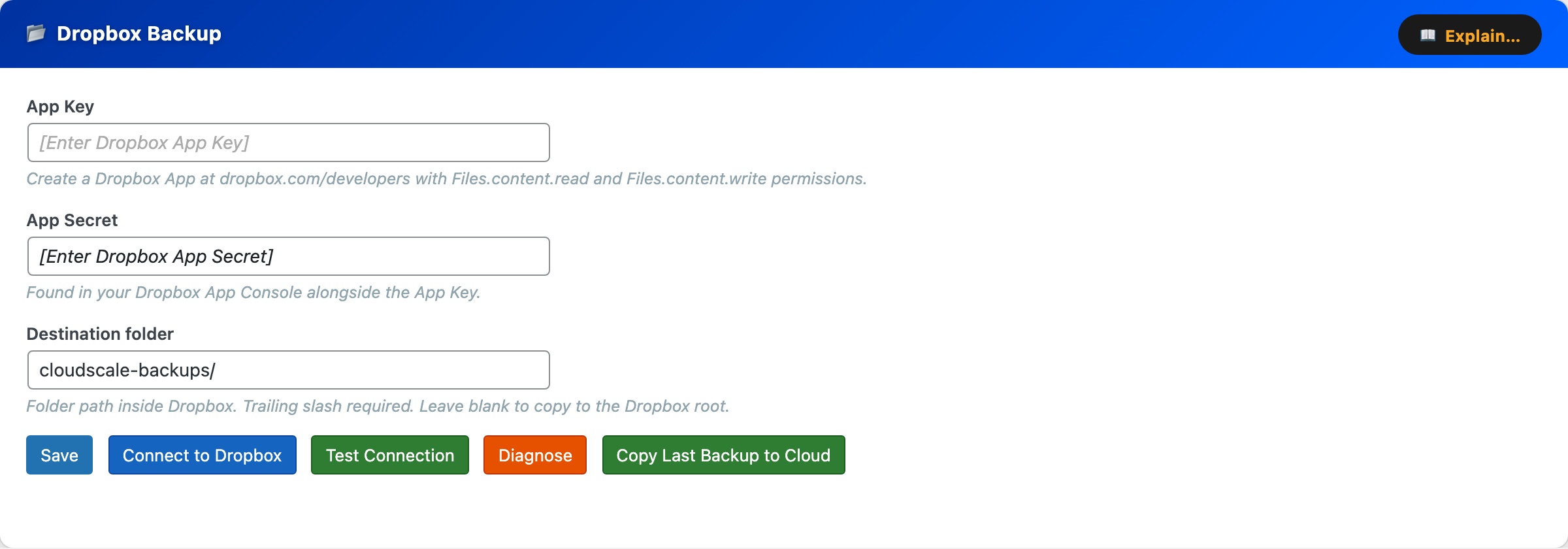 CloudScale Backup & Restore — Free WordPress Backup Plugin with One-Click Restore & Cloud Sync — Dropbox screenshot
