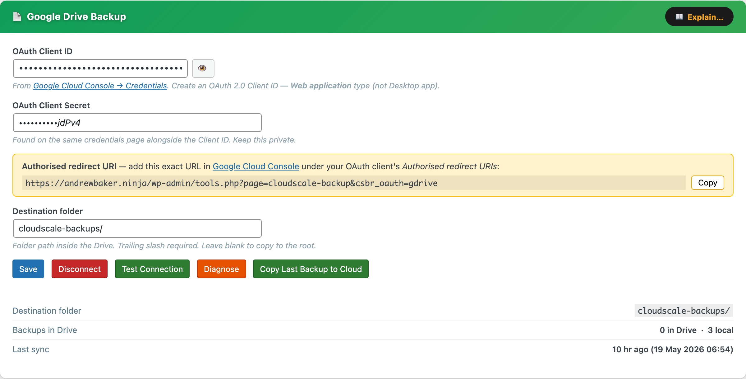 CloudScale Backup & Restore — Free WordPress Backup Plugin with One-Click Restore & Cloud Sync — Google Drive screenshot
