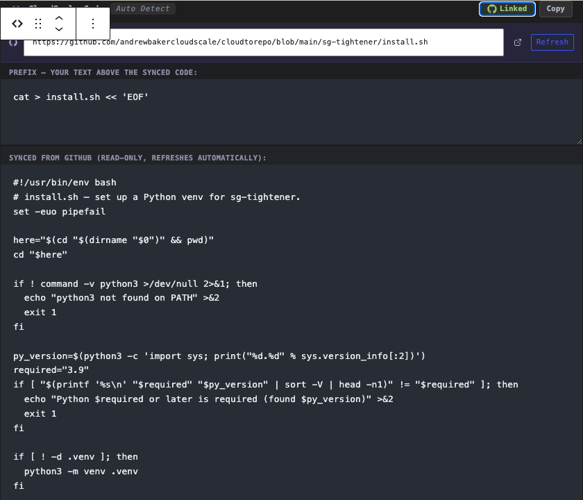 CloudScale Code Block split-view editor in Gutenberg showing the Prefix textarea on top, the read-only Synced-from-GitHub body in the middle, and the Suffix textarea on the bottom