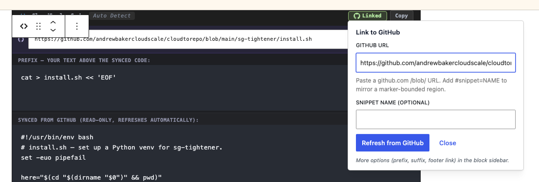 CloudScale Code Block toolbar with the GitHub Linked button and the Link to GitHub popover open, showing the GitHub URL field and Snippet Name field