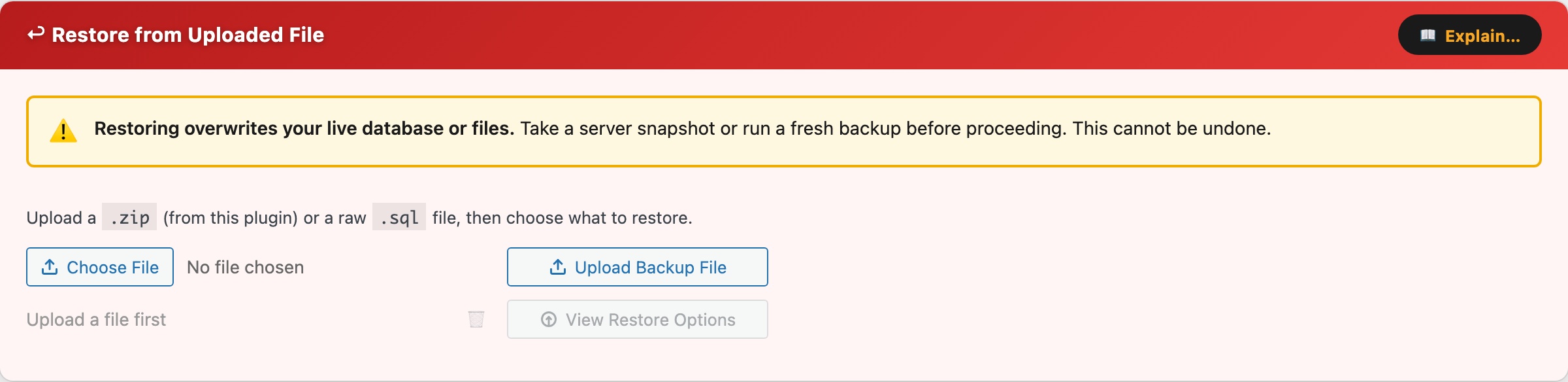CloudScale Backup & Restore — Free WordPress Backup Plugin with One-Click Restore & Cloud Sync — Restore from Uploaded File screenshot