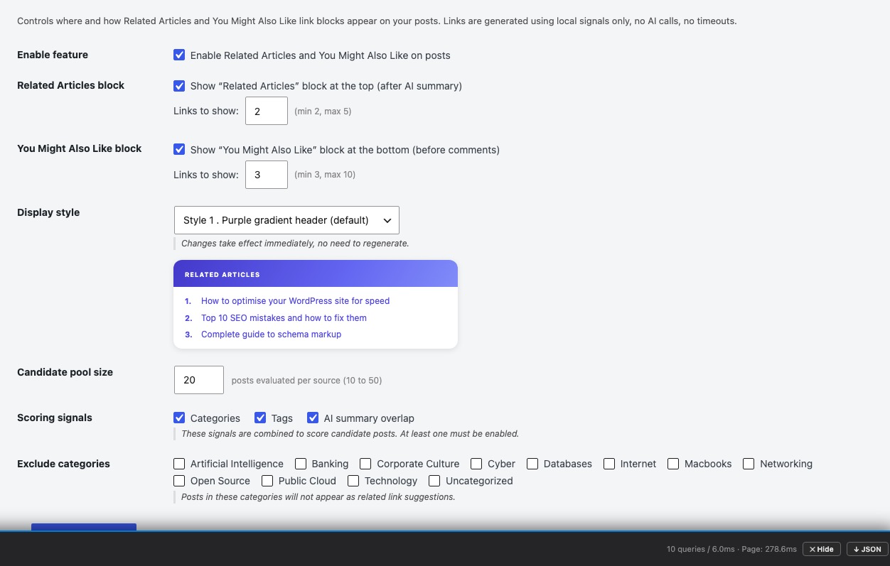 Related Articles, Settings