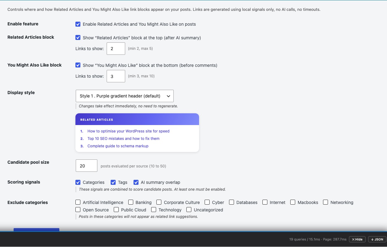 Related Articles, Settings