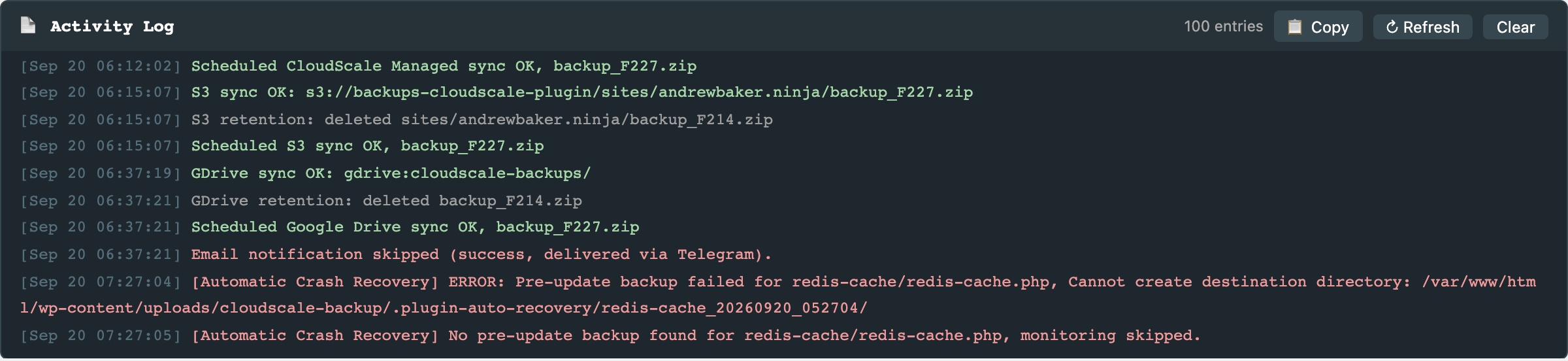 CloudScale Backup & Restore, Free WordPress Backup Plugin with One-Click Restore & Cloud Sync, Activity Log screenshot