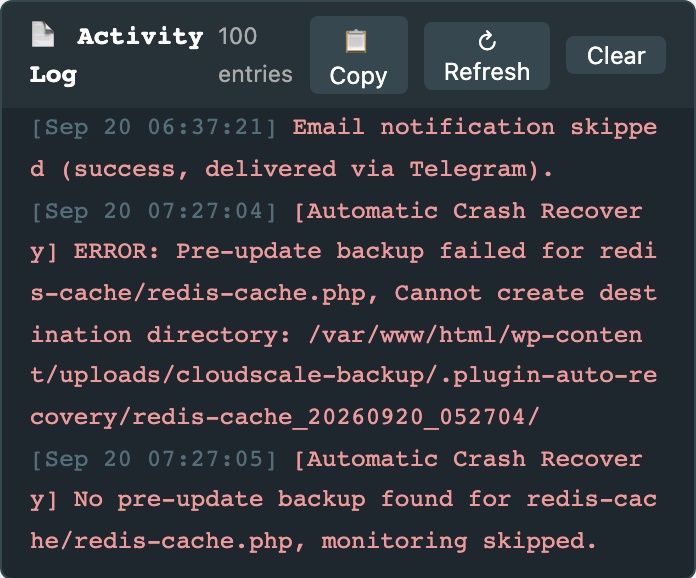CloudScale Backup & Restore, Free WordPress Backup Plugin with One-Click Restore & Cloud Sync, Activity Log screenshot, as it appears on a mobile screen