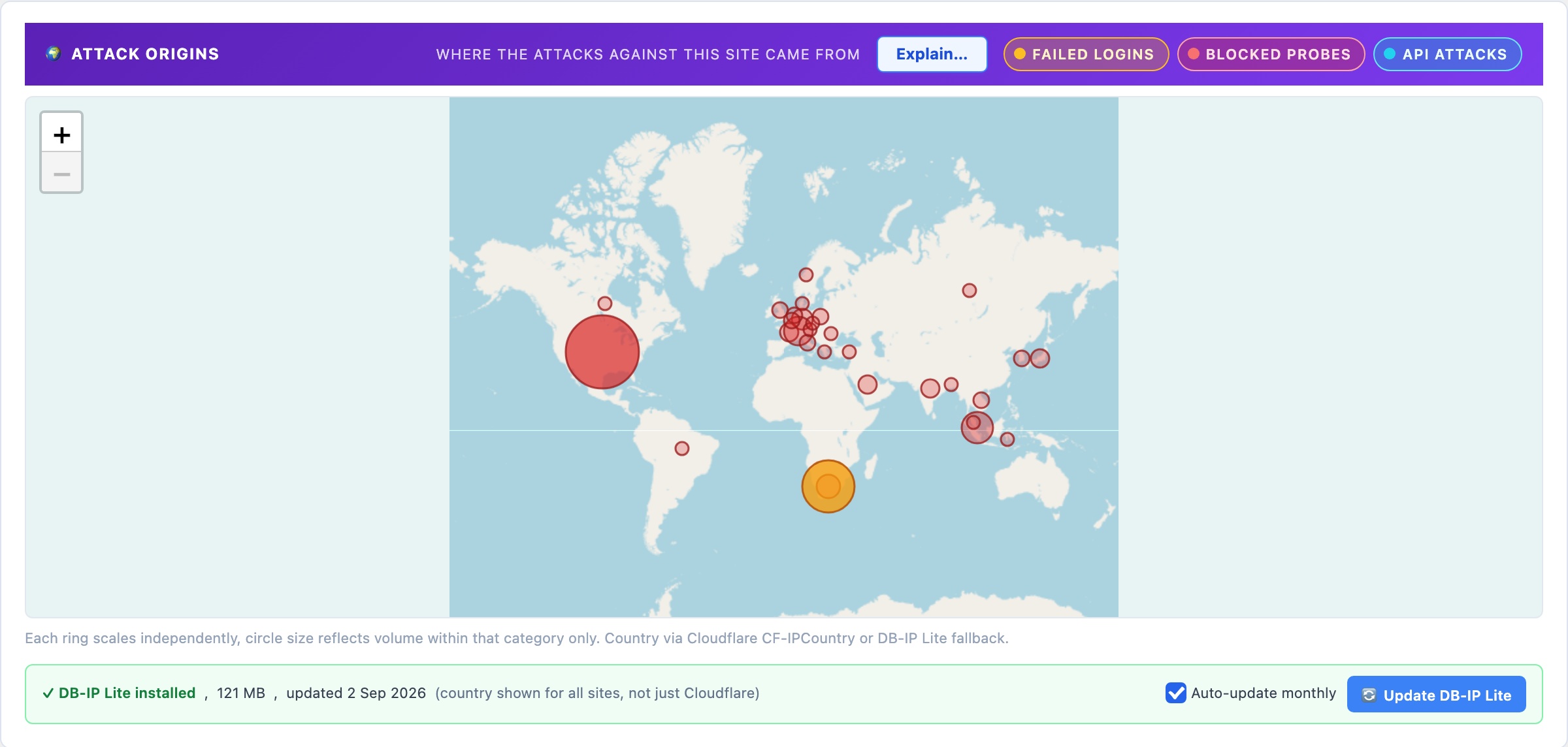 WordPress attack origins world map showing failed logins, blocked probes and API attacks by country