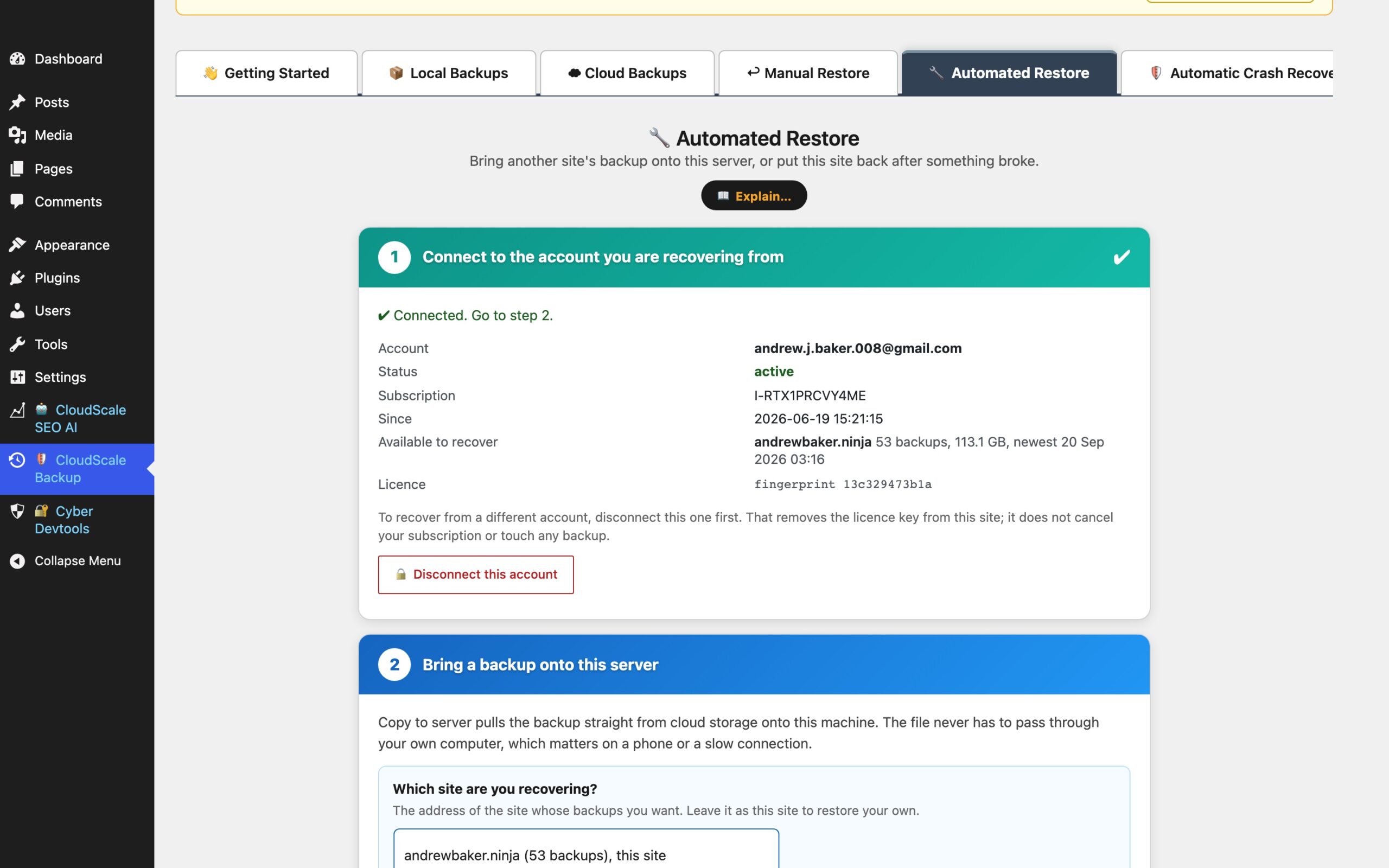 CloudScale Backup & Restore, Free WordPress Backup Plugin with One-Click Restore & Cloud Sync, Automated Restore (warm standby) screenshot