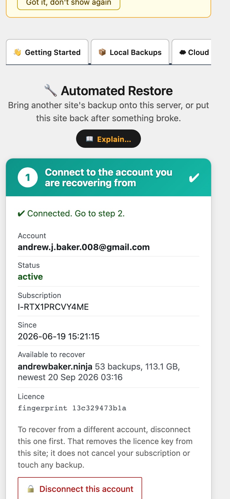 CloudScale Backup & Restore, Free WordPress Backup Plugin with One-Click Restore & Cloud Sync, Automated Restore (warm standby) screenshot, as it appears on a mobile screen