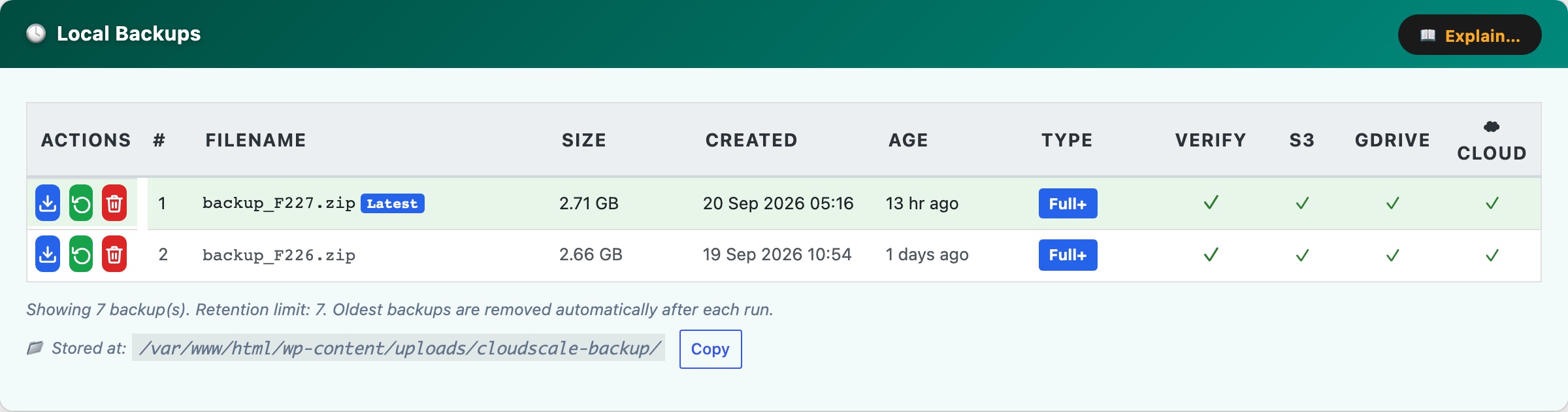 CloudScale Backup & Restore, Free WordPress Backup Plugin with One-Click Restore & Cloud Sync, Local Backup History screenshot
