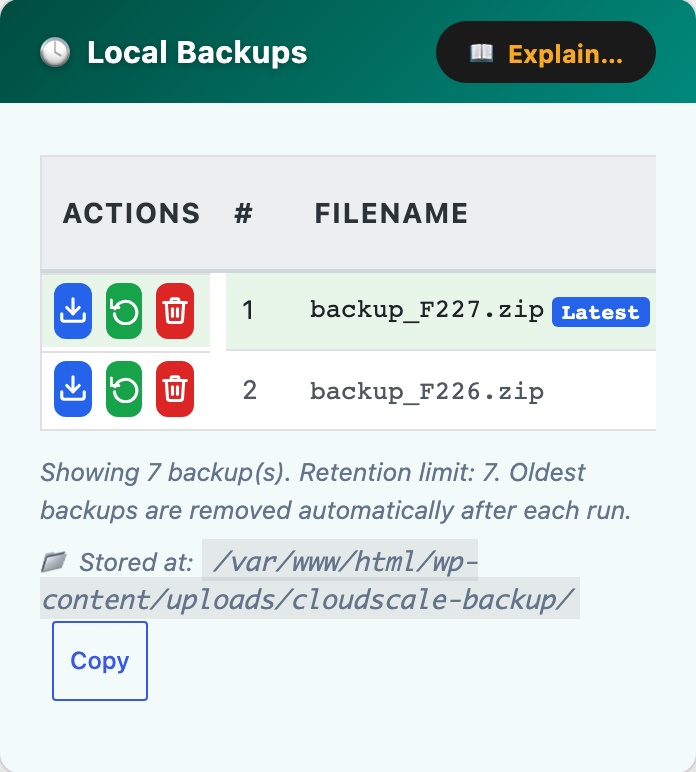 CloudScale Backup & Restore, Free WordPress Backup Plugin with One-Click Restore & Cloud Sync, Local Backup History screenshot, as it appears on a mobile screen