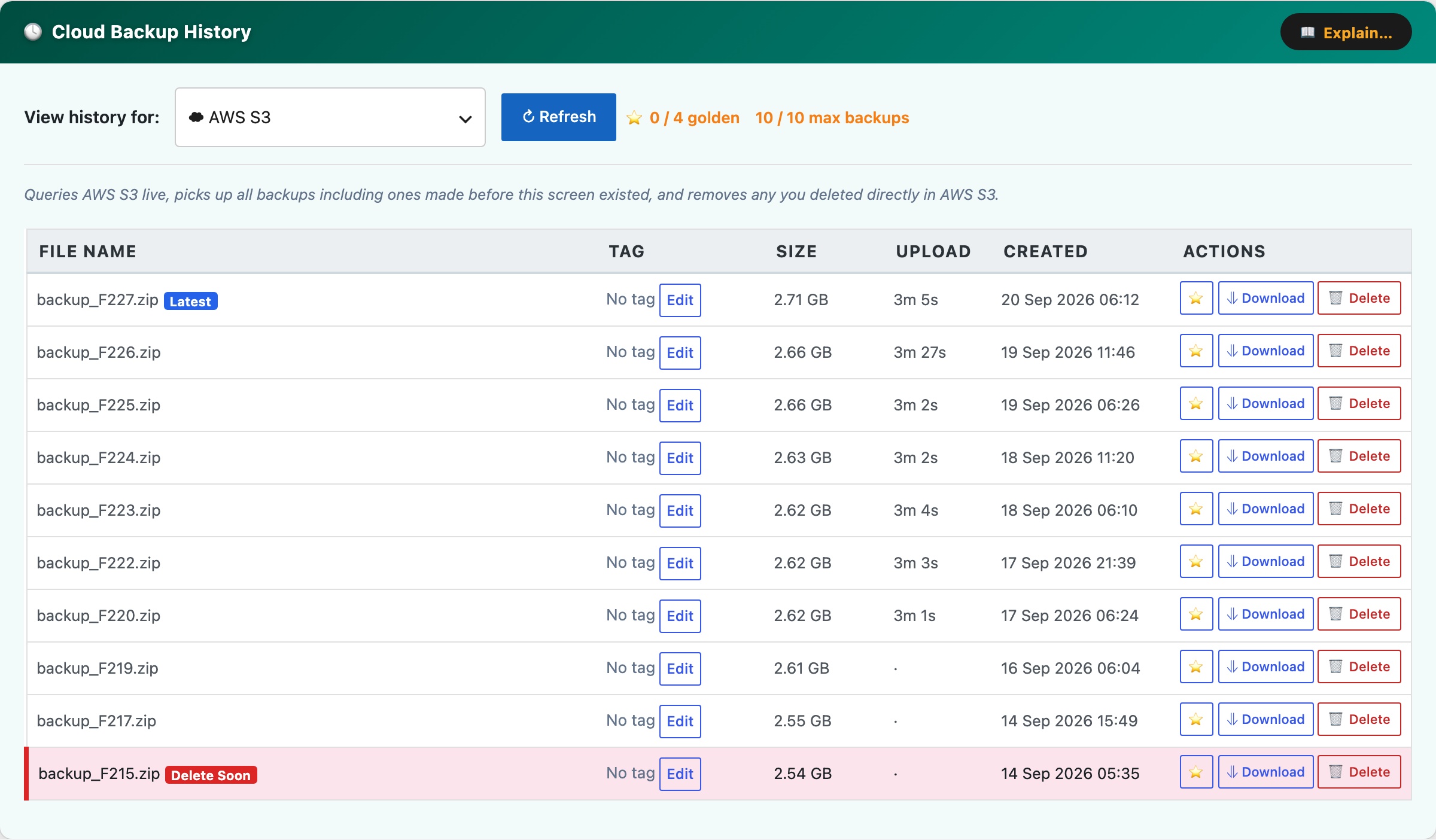 CloudScale Backup & Restore, Free WordPress Backup Plugin with One-Click Restore & Cloud Sync, Cloud Backup History screenshot