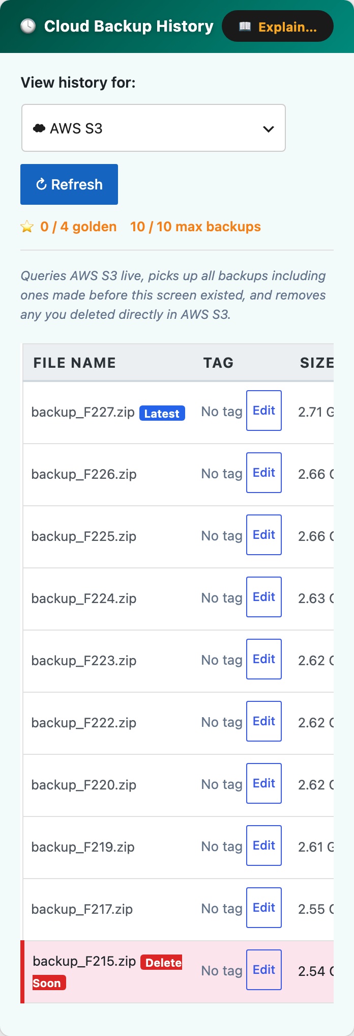 CloudScale Backup & Restore, Free WordPress Backup Plugin with One-Click Restore & Cloud Sync, Cloud Backup History screenshot, as it appears on a mobile screen