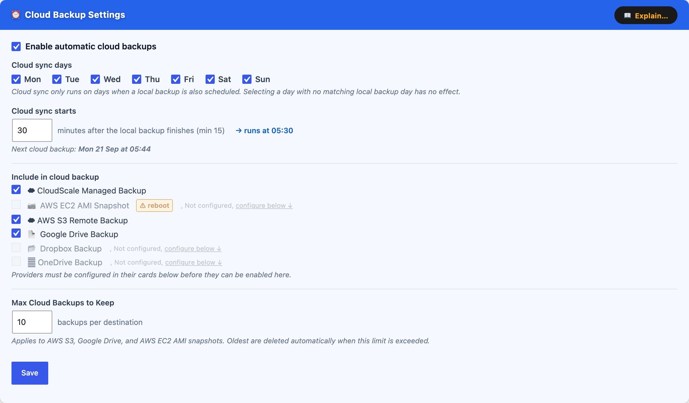 CloudScale Backup & Restore, Free WordPress Backup Plugin with One-Click Restore & Cloud Sync, Cloud Backup Settings screenshot