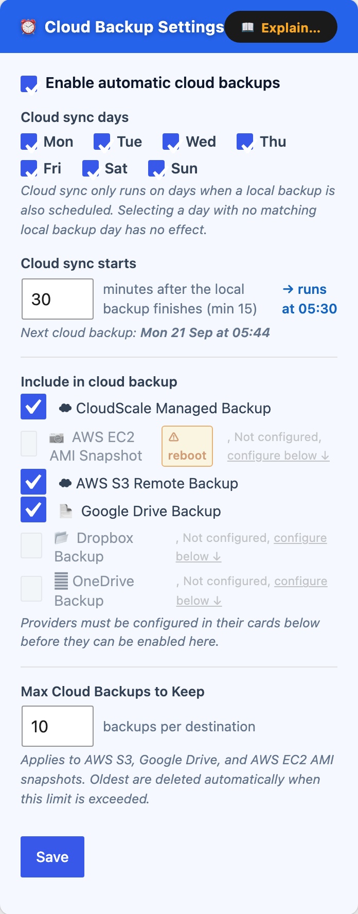 CloudScale Backup & Restore, Free WordPress Backup Plugin with One-Click Restore & Cloud Sync, Cloud Backup Settings screenshot, as it appears on a mobile screen