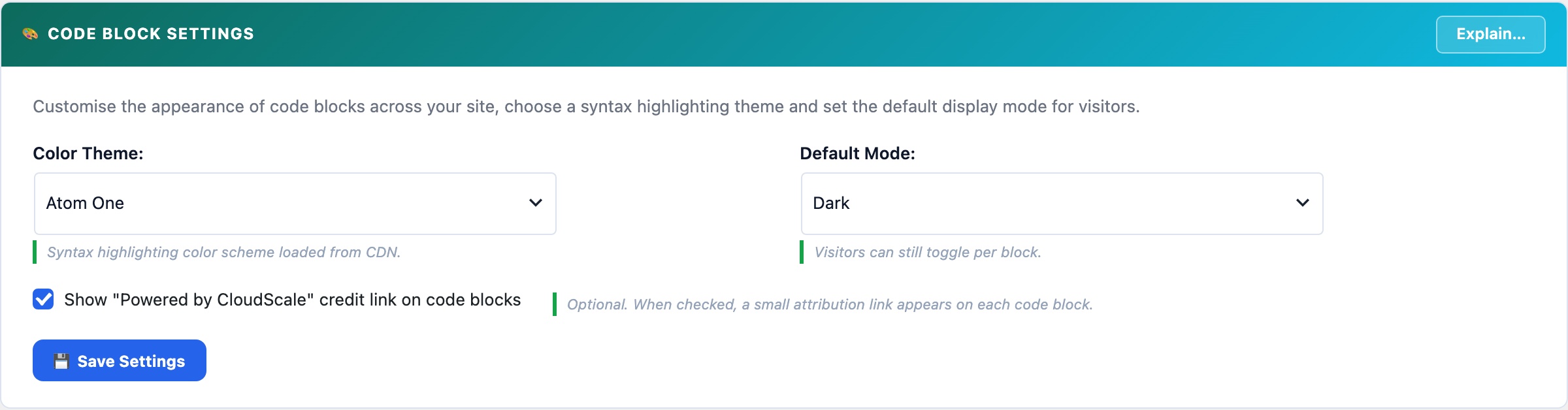 WordPress syntax-highlighted code block settings, 14 themes, 37 languages, GitHub linking, batch migrator