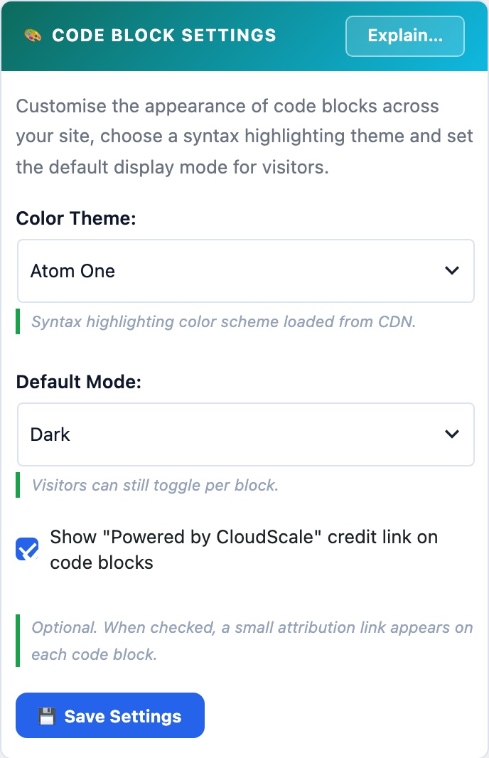 WordPress syntax-highlighted code block settings, 14 themes, 37 languages, GitHub linking, batch migrator, as it appears on a mobile screen