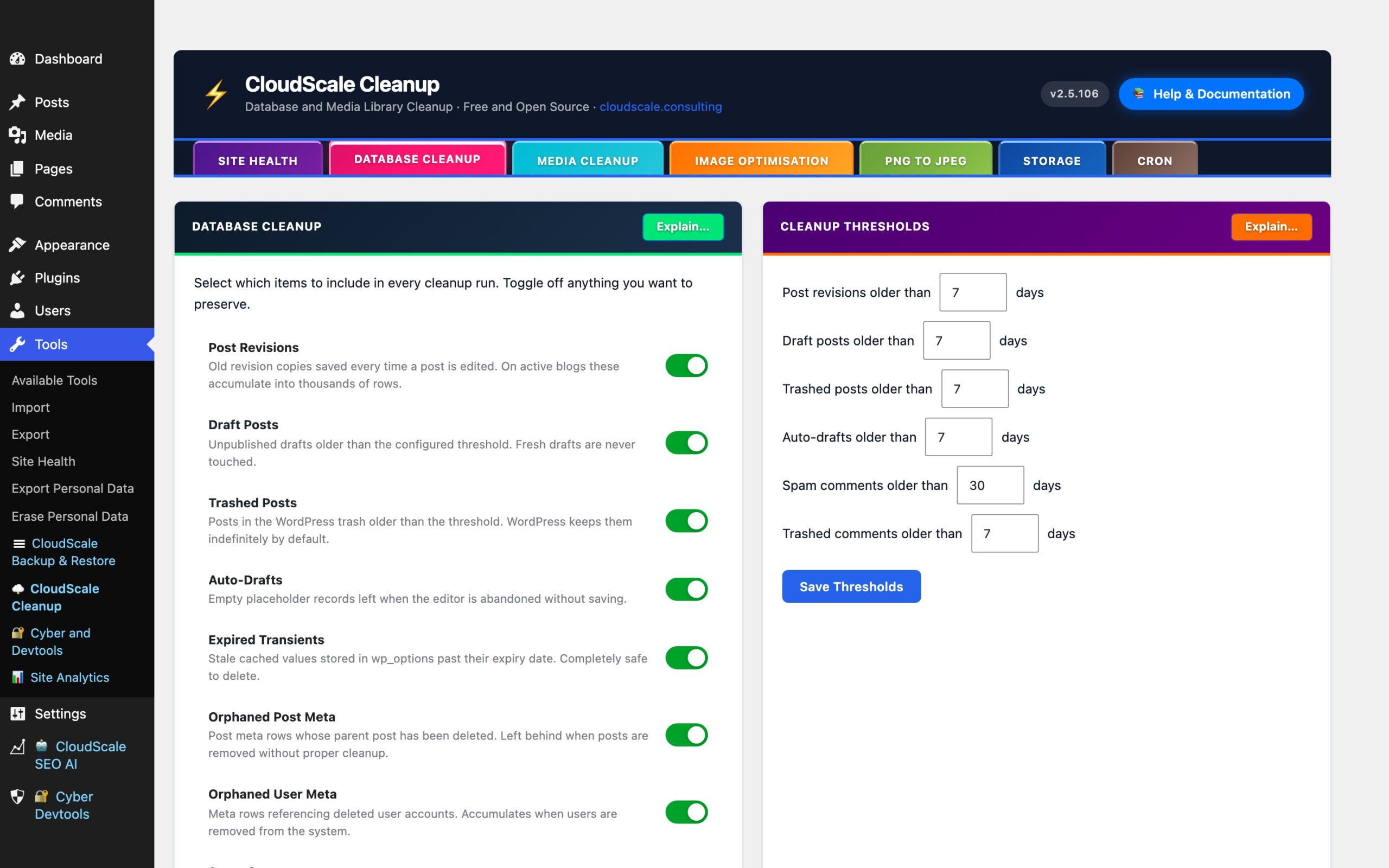 CloudScale Cleanup, Free WordPress Database Cleaner, Image Optimizer & Cron Manager, Database Cleanup screenshot