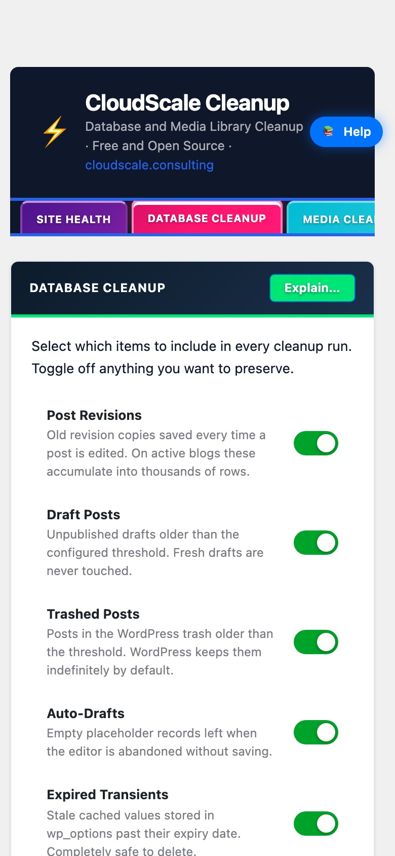 CloudScale Cleanup, Free WordPress Database Cleaner, Image Optimizer & Cron Manager, Database Cleanup screenshot, as it appears on a mobile screen