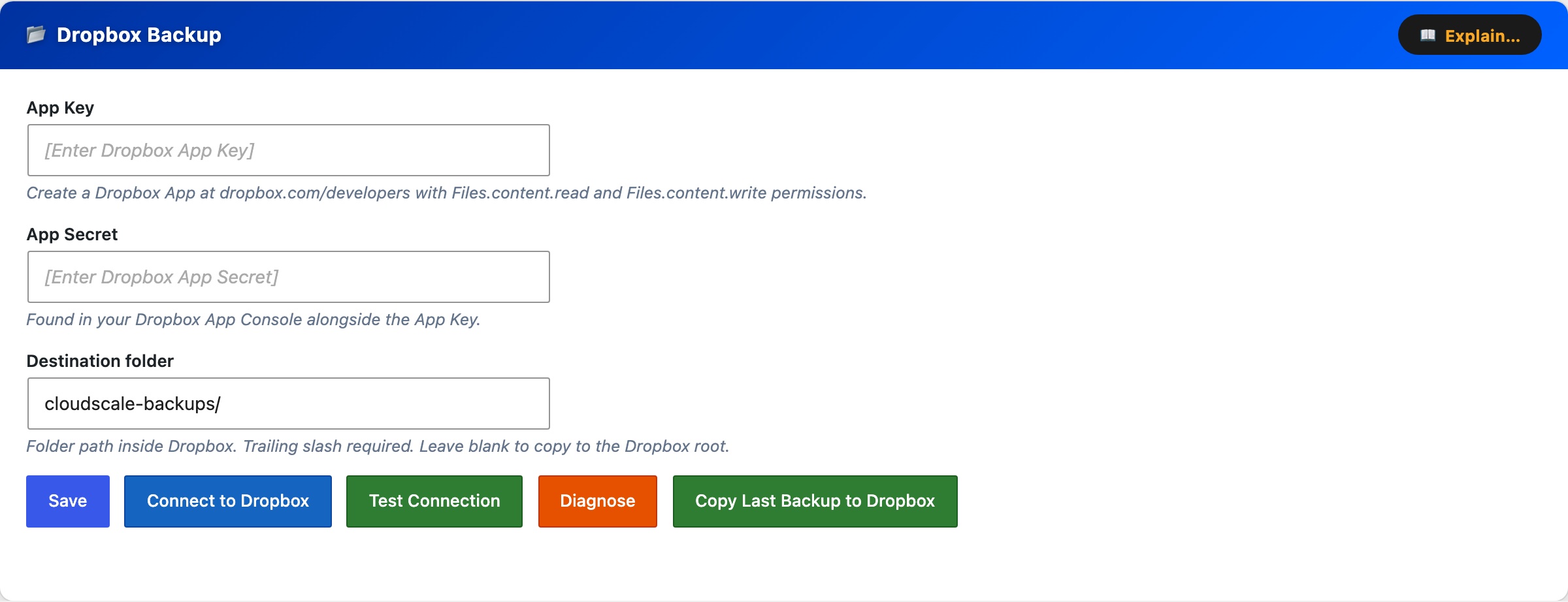 CloudScale Backup & Restore, Free WordPress Backup Plugin with One-Click Restore & Cloud Sync, Dropbox screenshot