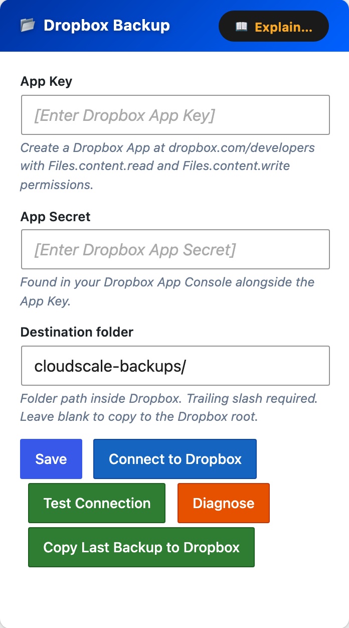 CloudScale Backup & Restore, Free WordPress Backup Plugin with One-Click Restore & Cloud Sync, Dropbox screenshot, as it appears on a mobile screen
