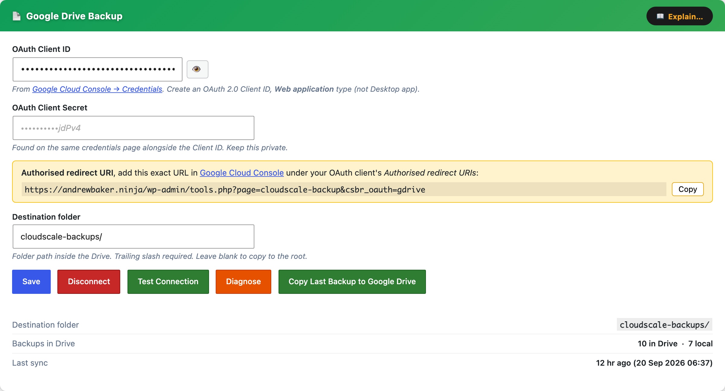CloudScale Backup & Restore, Free WordPress Backup Plugin with One-Click Restore & Cloud Sync, Google Drive screenshot