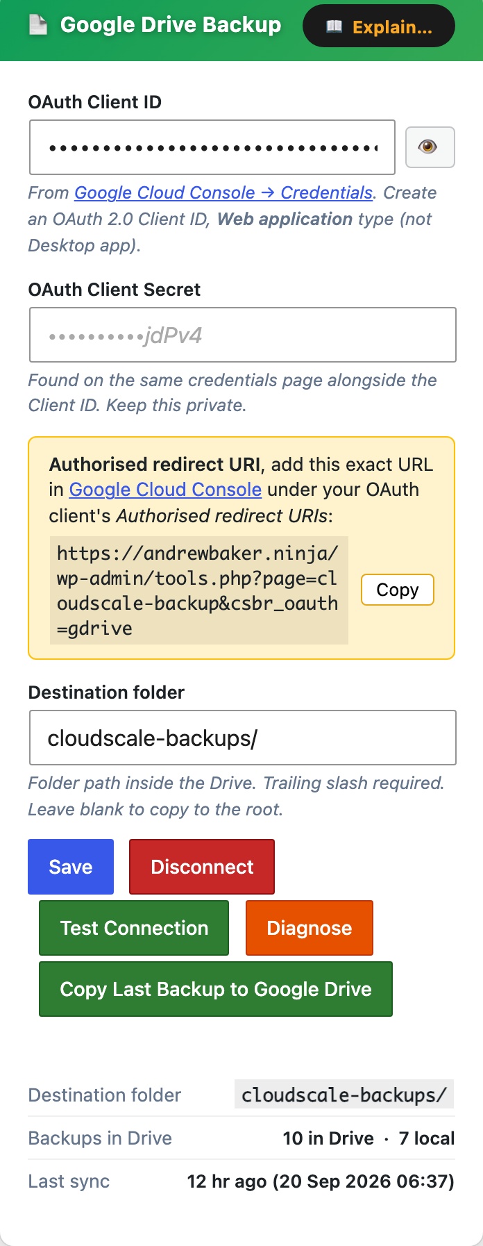 CloudScale Backup & Restore, Free WordPress Backup Plugin with One-Click Restore & Cloud Sync, Google Drive screenshot, as it appears on a mobile screen