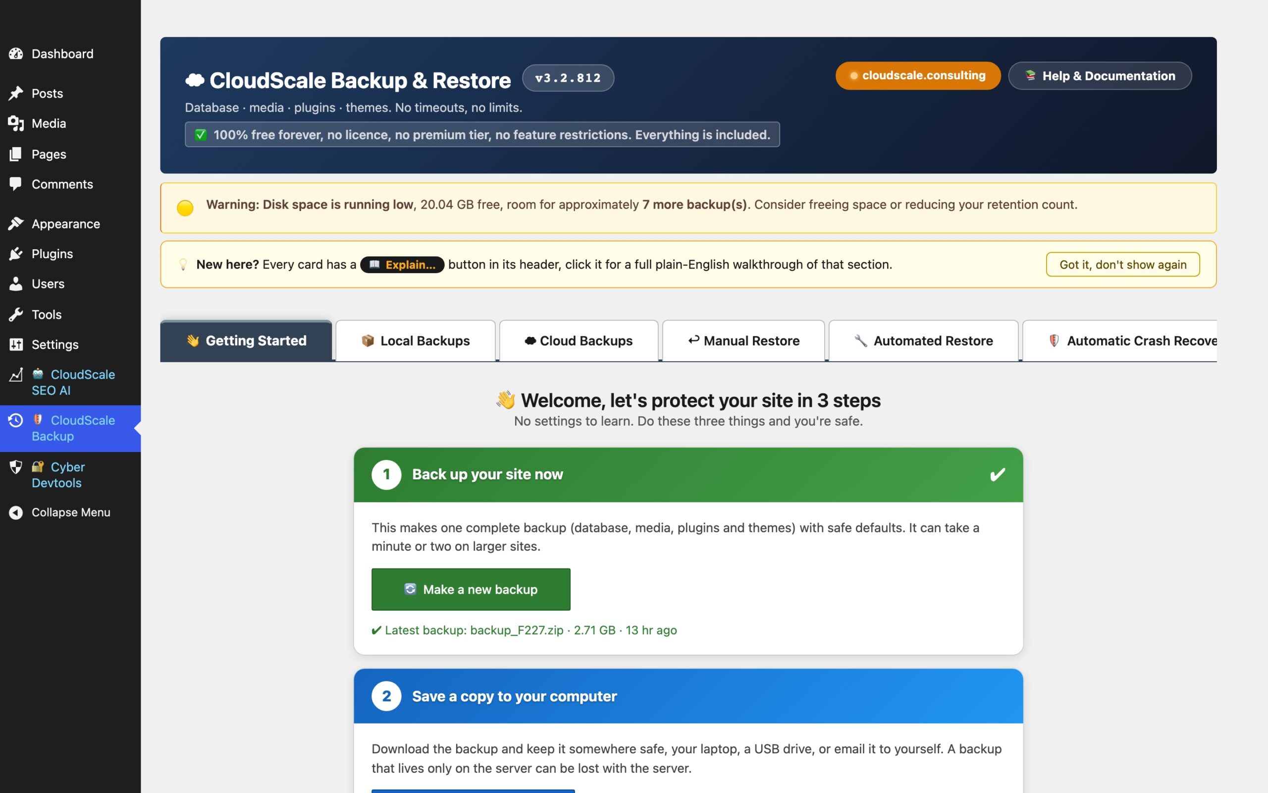 CloudScale Backup & Restore, Free WordPress Backup Plugin with One-Click Restore & Cloud Sync, Getting Started screenshot