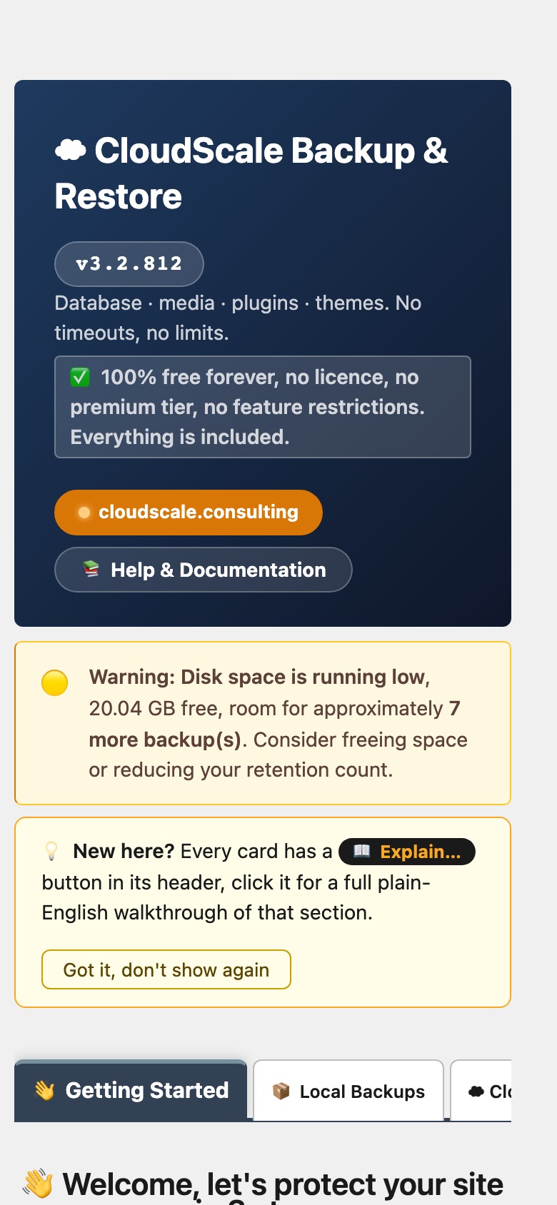 CloudScale Backup & Restore, Free WordPress Backup Plugin with One-Click Restore & Cloud Sync, Getting Started screenshot, as it appears on a mobile screen