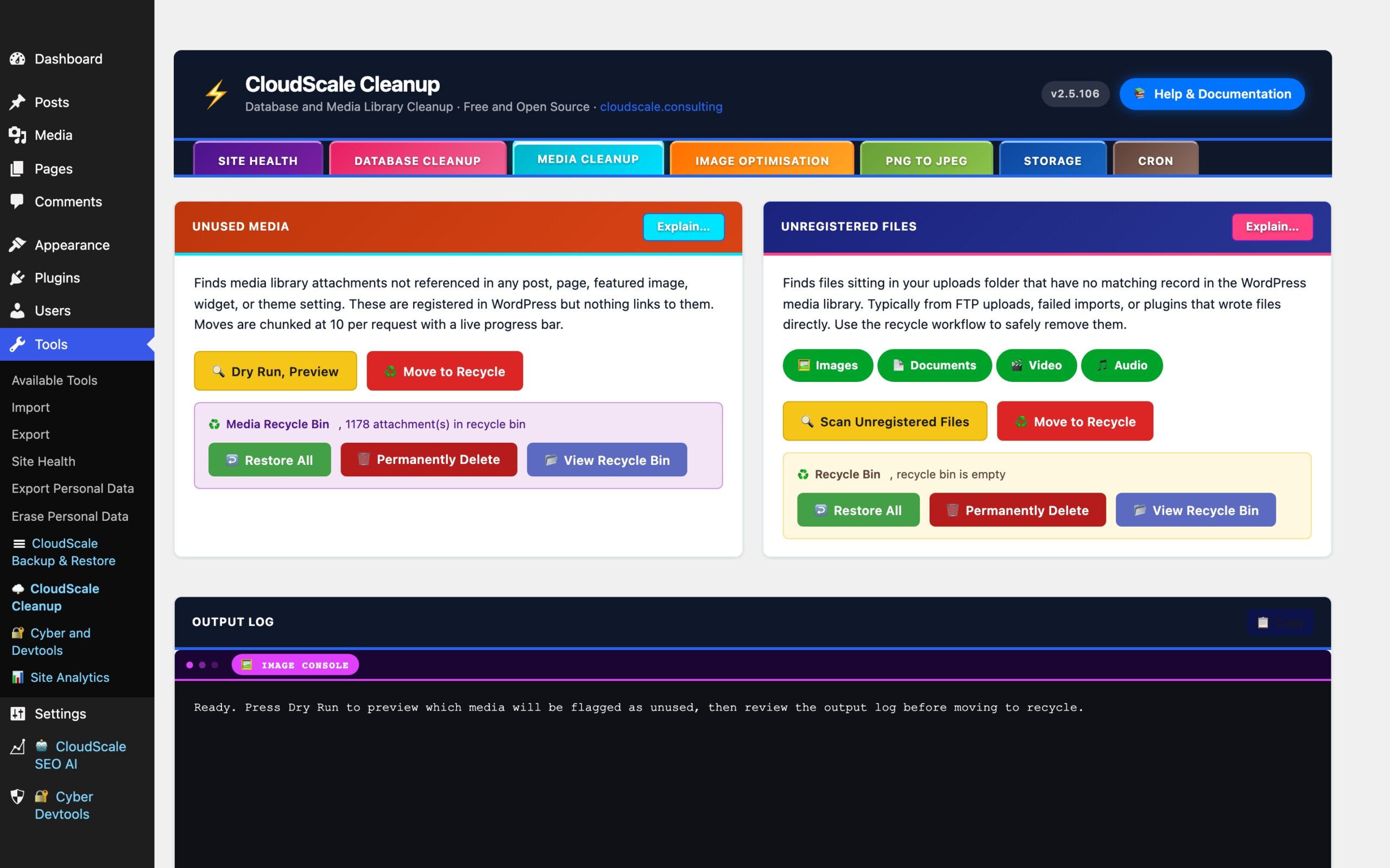 CloudScale Cleanup, Free WordPress Database Cleaner, Image Optimizer & Cron Manager, Media Library Cleanup screenshot