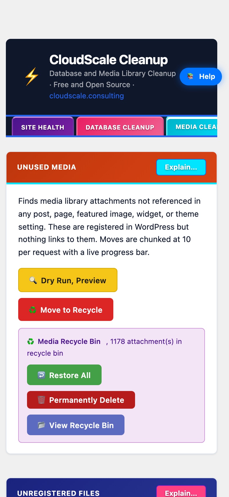 CloudScale Cleanup, Free WordPress Database Cleaner, Image Optimizer & Cron Manager, Media Library Cleanup screenshot, as it appears on a mobile screen