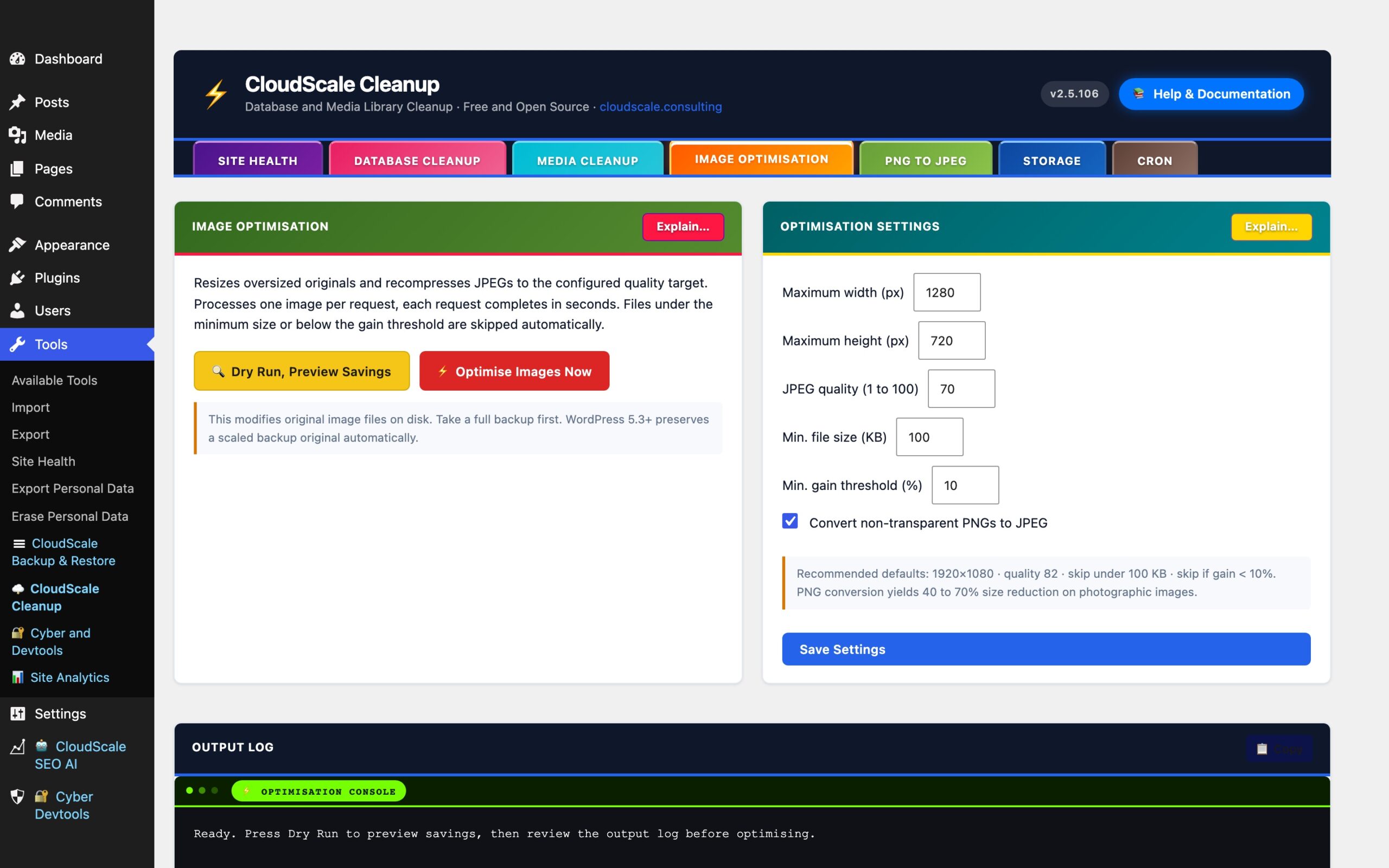 CloudScale Cleanup, Free WordPress Database Cleaner, Image Optimizer & Cron Manager, Image Optimisation screenshot