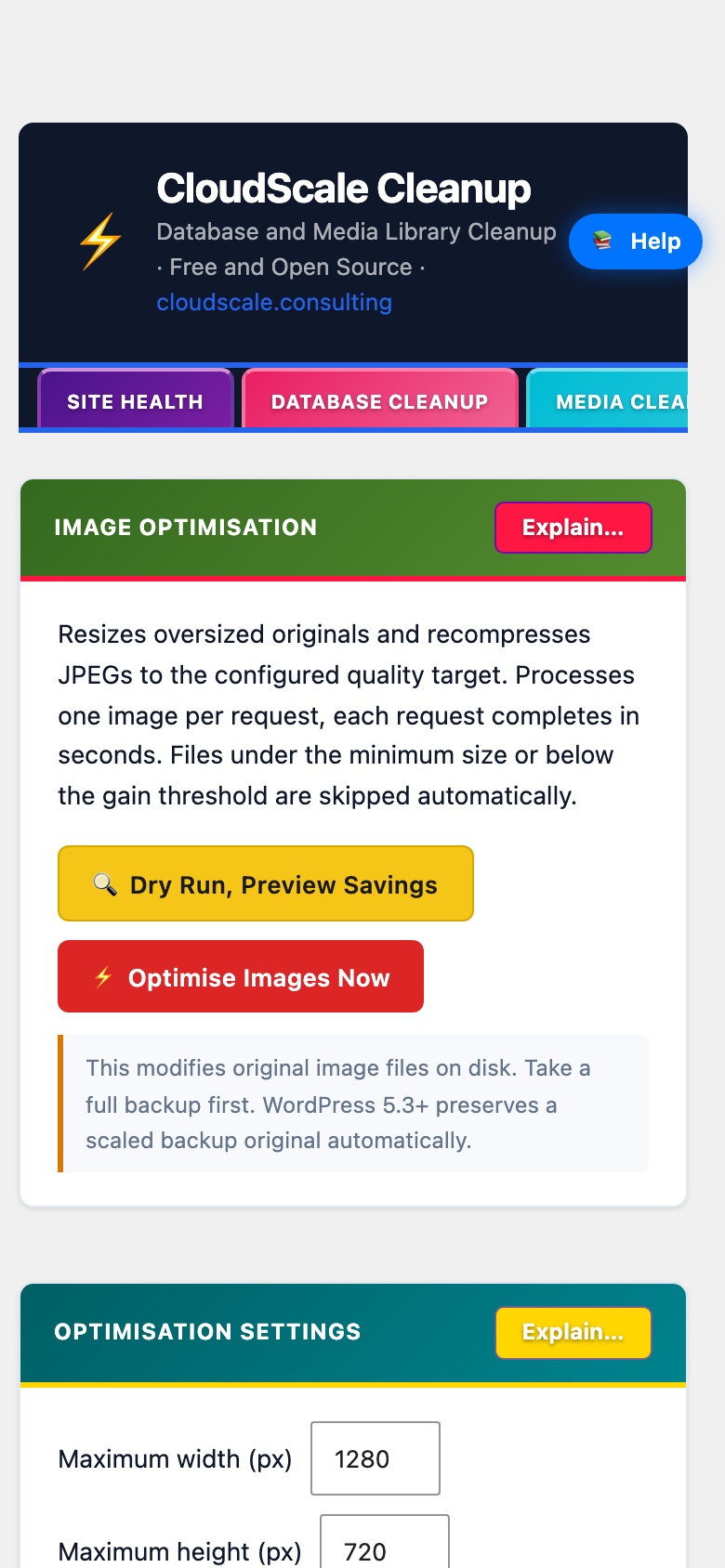 CloudScale Cleanup, Free WordPress Database Cleaner, Image Optimizer & Cron Manager, Image Optimisation screenshot, as it appears on a mobile screen