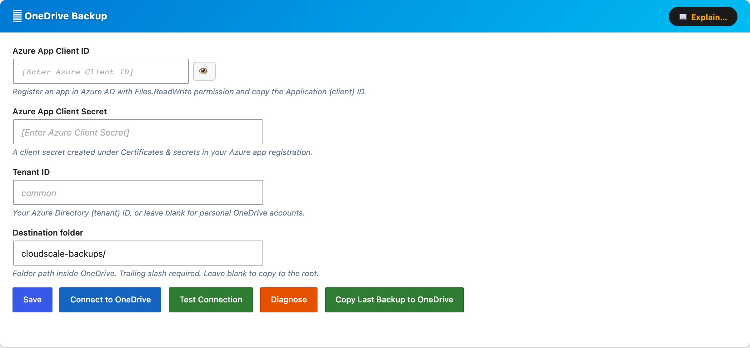 CloudScale Backup & Restore, Free WordPress Backup Plugin with One-Click Restore & Cloud Sync, Microsoft OneDrive screenshot