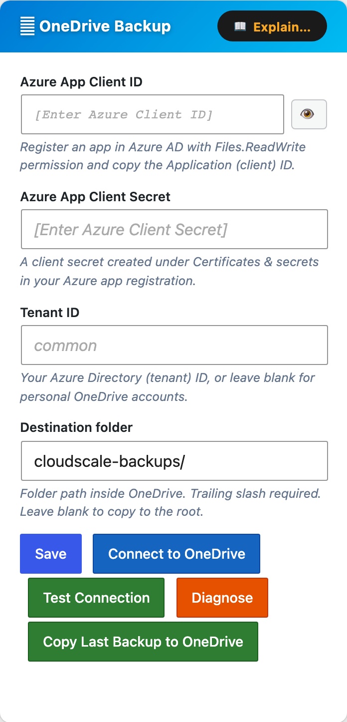 CloudScale Backup & Restore, Free WordPress Backup Plugin with One-Click Restore & Cloud Sync, Microsoft OneDrive screenshot, as it appears on a mobile screen
