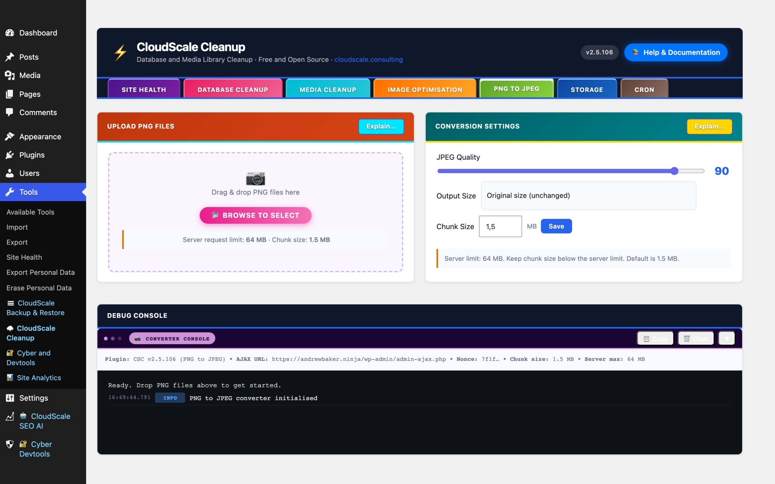 CloudScale Cleanup, Free WordPress Database Cleaner, Image Optimizer & Cron Manager, PNG to JPEG Converter screenshot