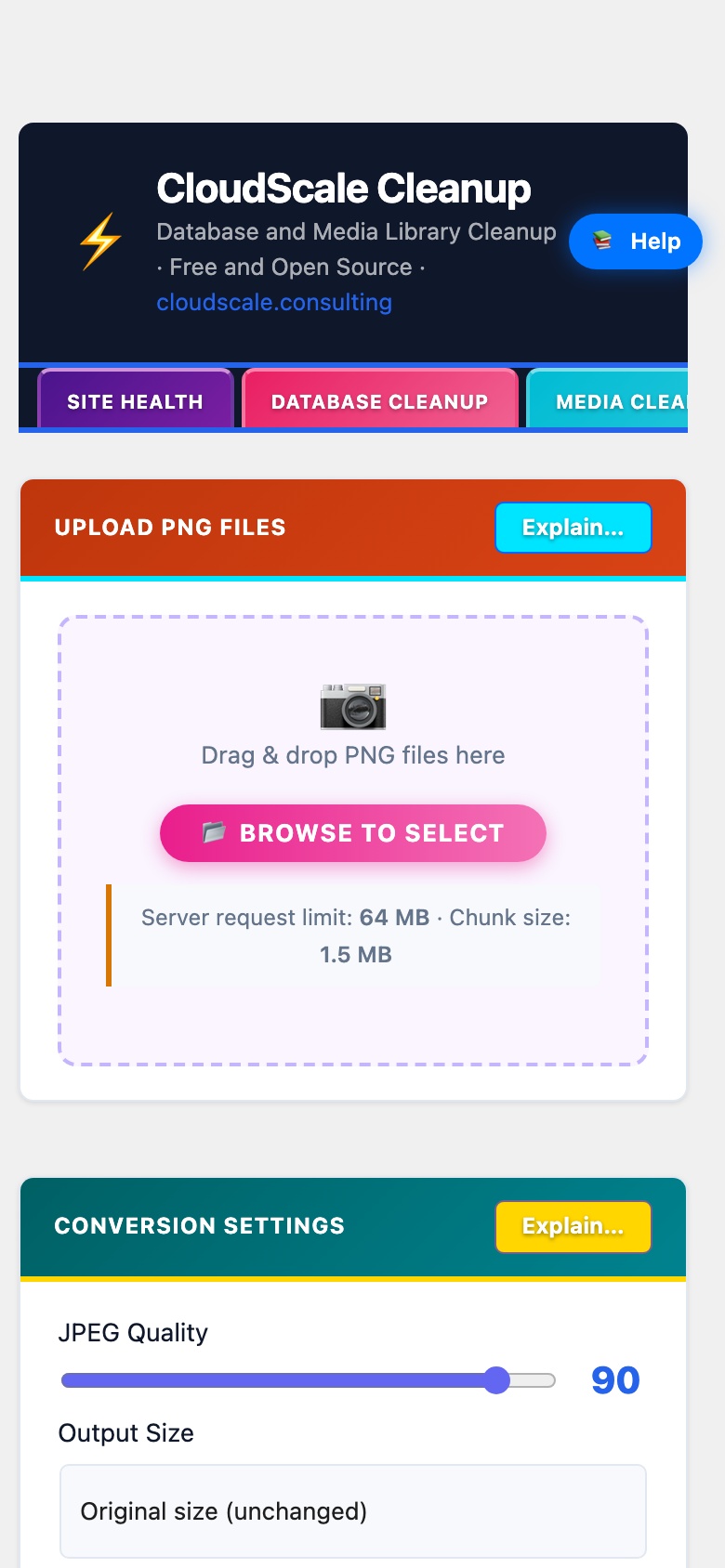 CloudScale Cleanup, Free WordPress Database Cleaner, Image Optimizer & Cron Manager, PNG to JPEG Converter screenshot, as it appears on a mobile screen