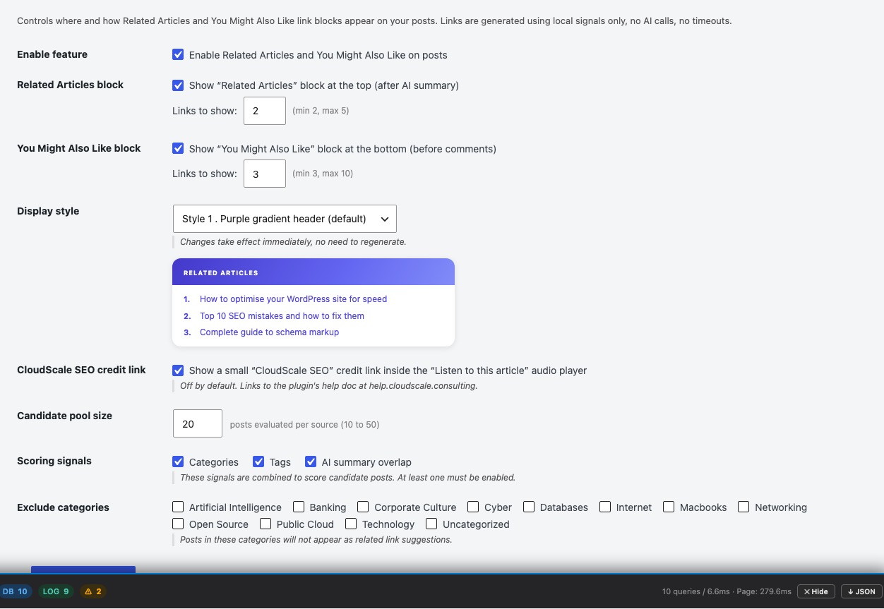 Related Articles, Settings