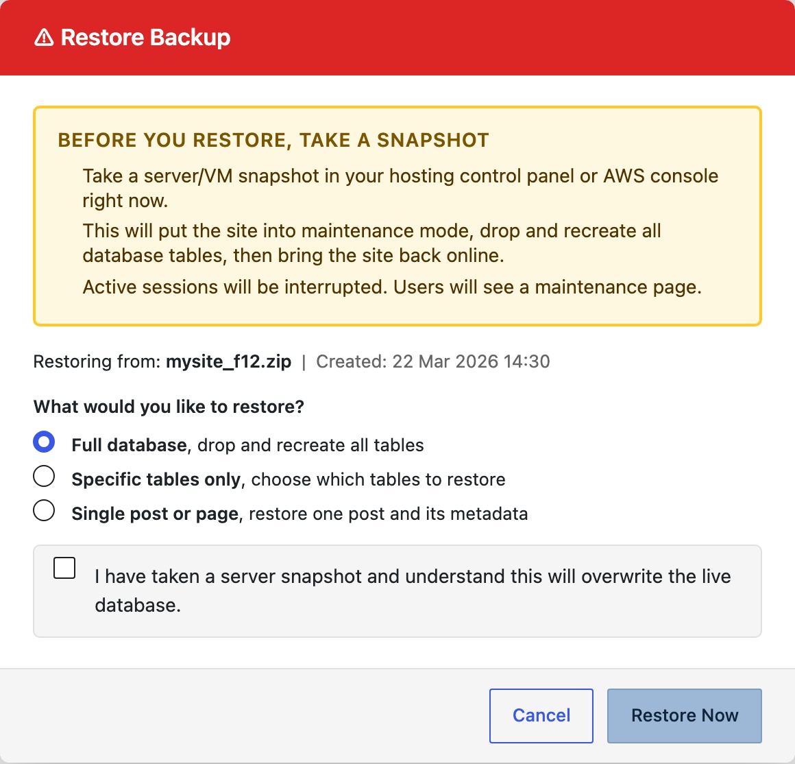 CloudScale Backup & Restore, Free WordPress Backup Plugin with One-Click Restore & Cloud Sync, Restore screenshot