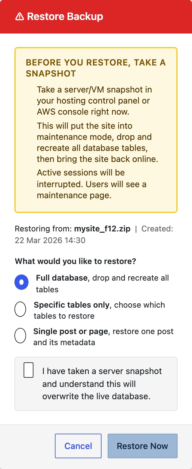 CloudScale Backup & Restore, Free WordPress Backup Plugin with One-Click Restore & Cloud Sync, Restore screenshot, as it appears on a mobile screen