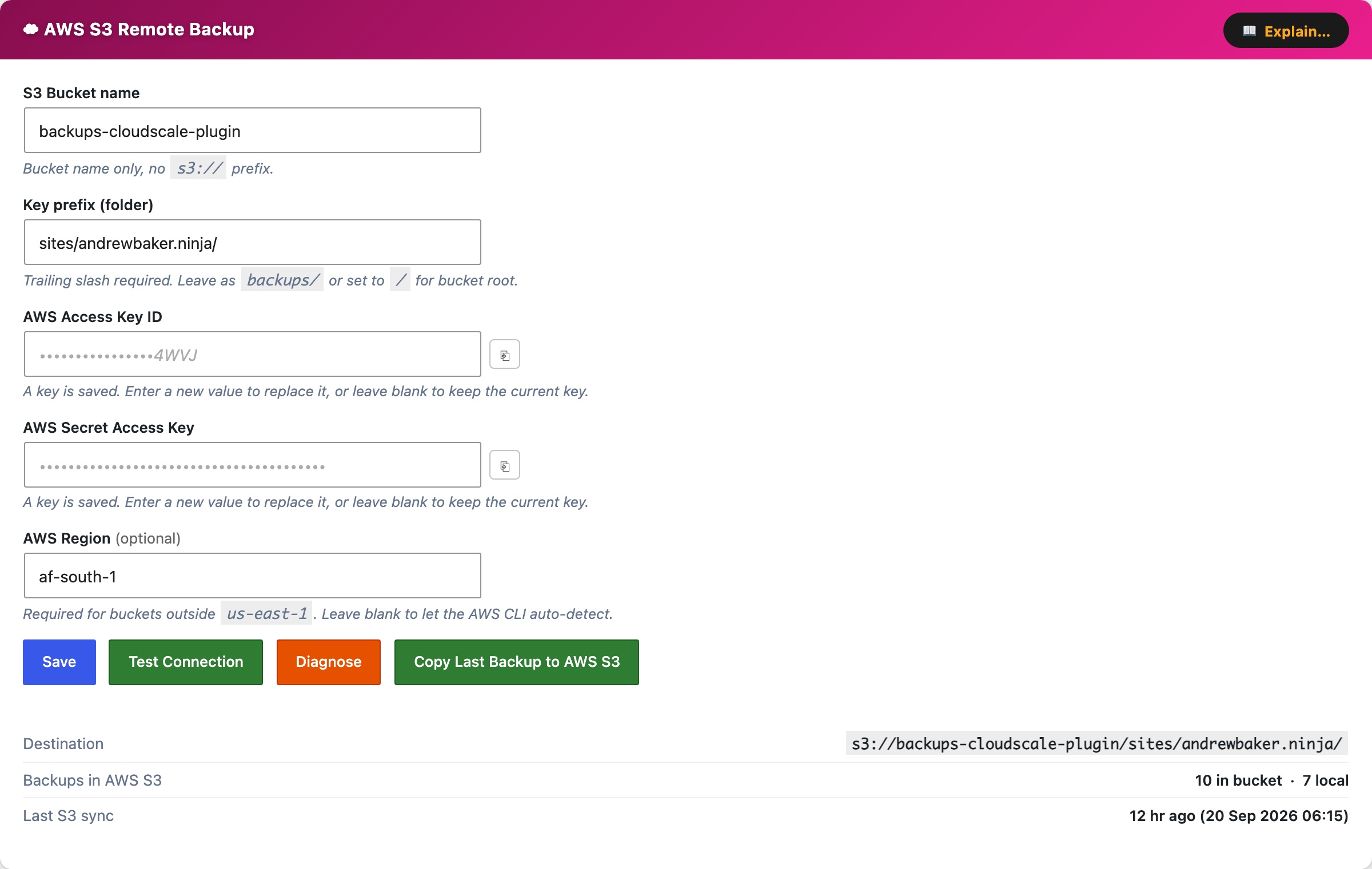 CloudScale Backup & Restore, Free WordPress Backup Plugin with One-Click Restore & Cloud Sync, AWS S3 screenshot