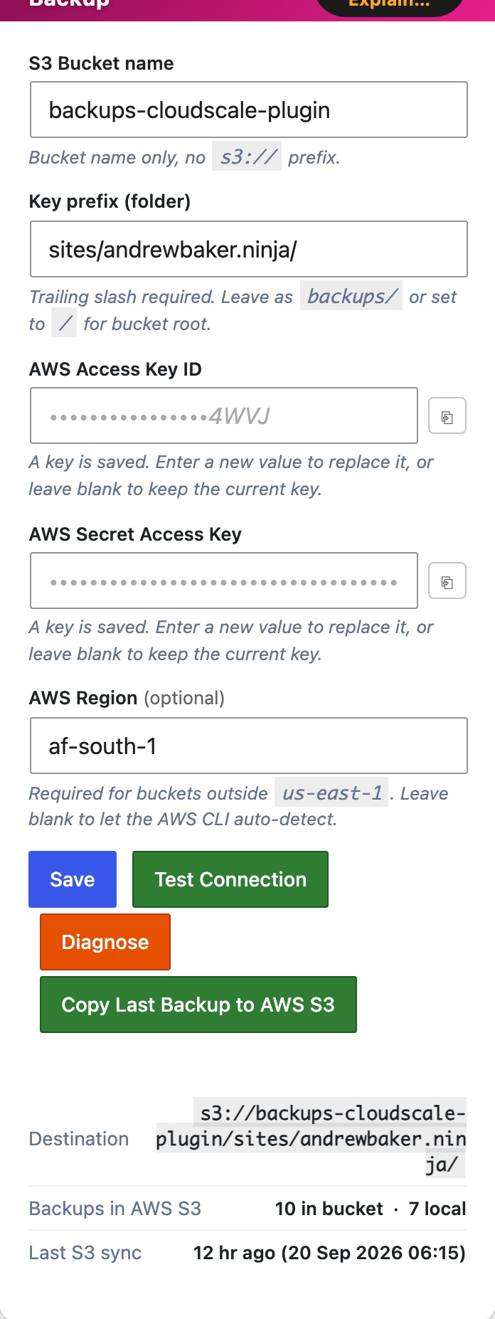 CloudScale Backup & Restore, Free WordPress Backup Plugin with One-Click Restore & Cloud Sync, AWS S3 screenshot, as it appears on a mobile screen