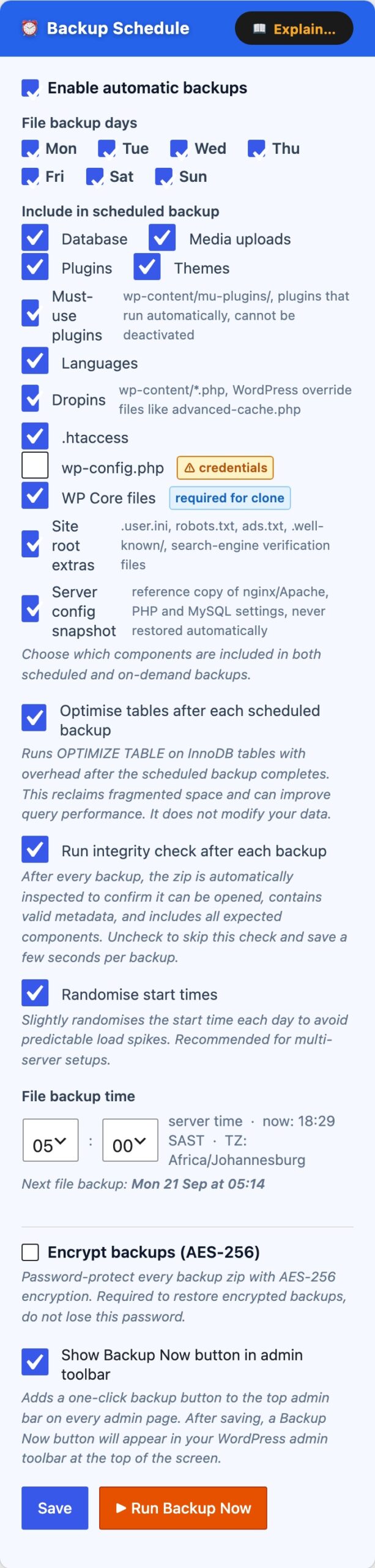 CloudScale Backup & Restore, Free WordPress Backup Plugin with One-Click Restore & Cloud Sync, Backup Schedule & Run Now screenshot, as it appears on a mobile screen