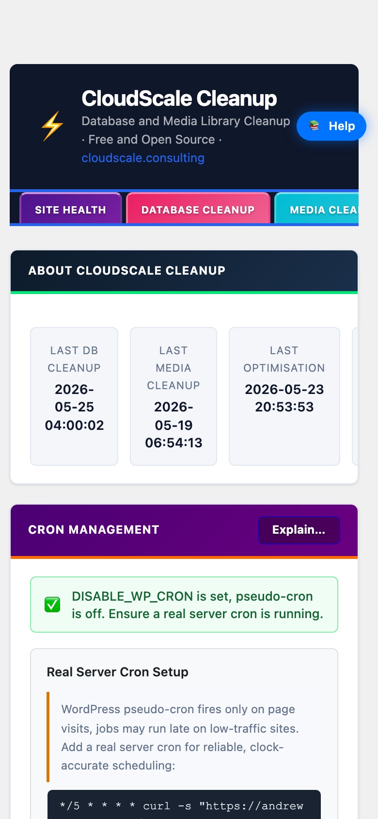 CloudScale Cleanup, Free WordPress Database Cleaner, Image Optimizer & Cron Manager, Cron screenshot, as it appears on a mobile screen