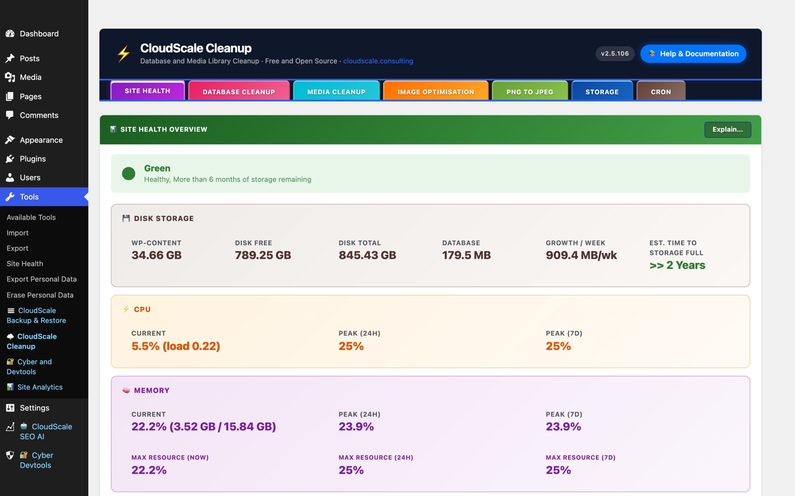 CloudScale Cleanup, Free WordPress Database Cleaner, Image Optimizer & Cron Manager, Site Health screenshot