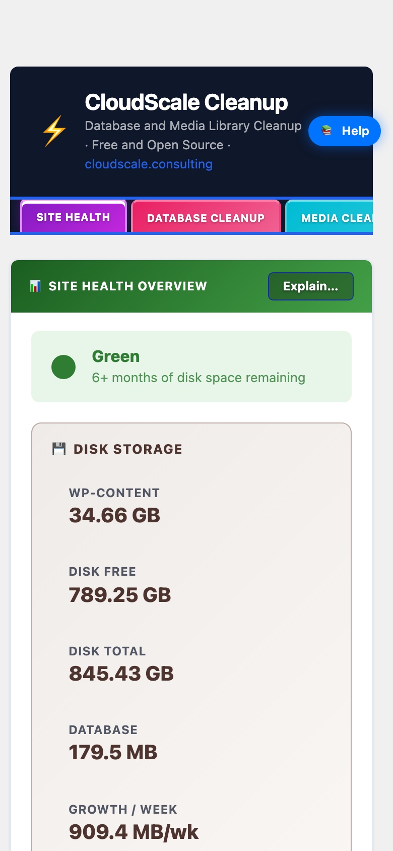 CloudScale Cleanup, Free WordPress Database Cleaner, Image Optimizer & Cron Manager, Site Health screenshot, as it appears on a mobile screen