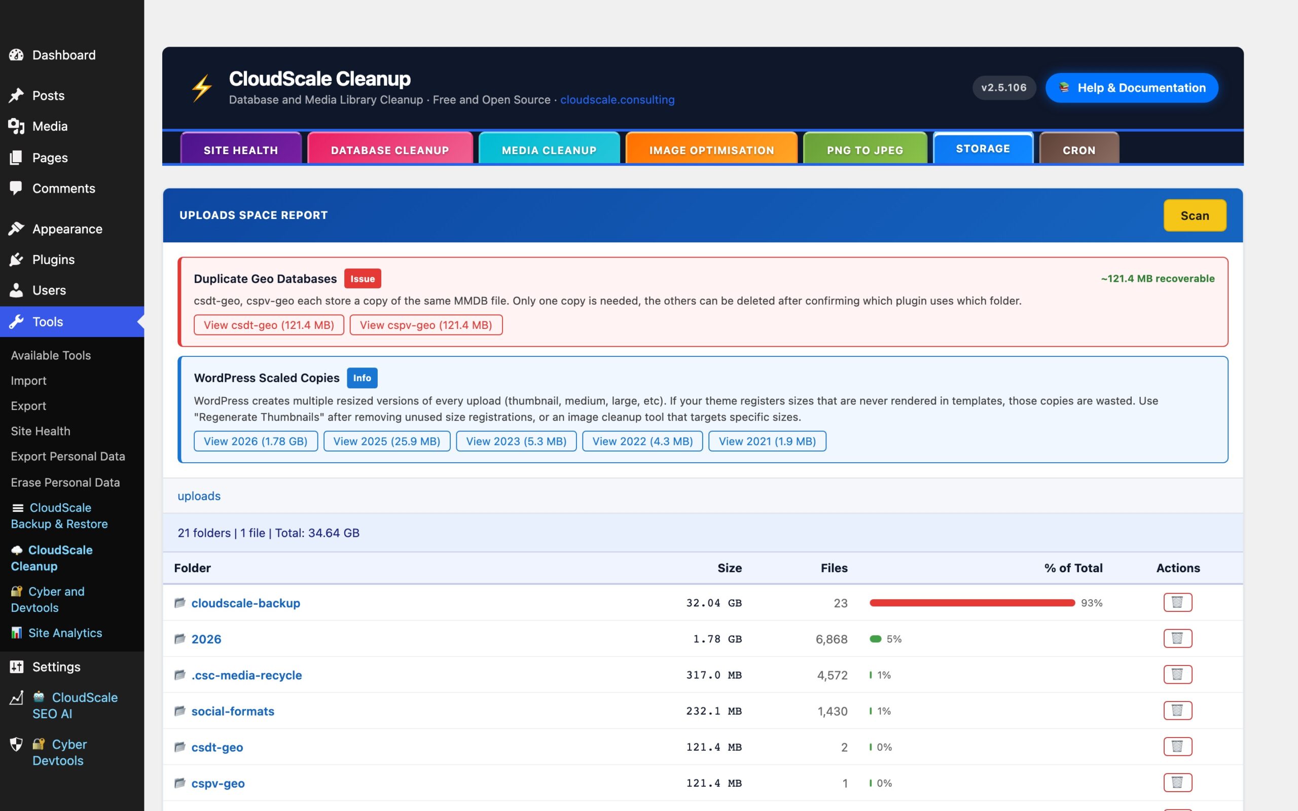 CloudScale Cleanup, Free WordPress Database Cleaner, Image Optimizer & Cron Manager, Storage screenshot