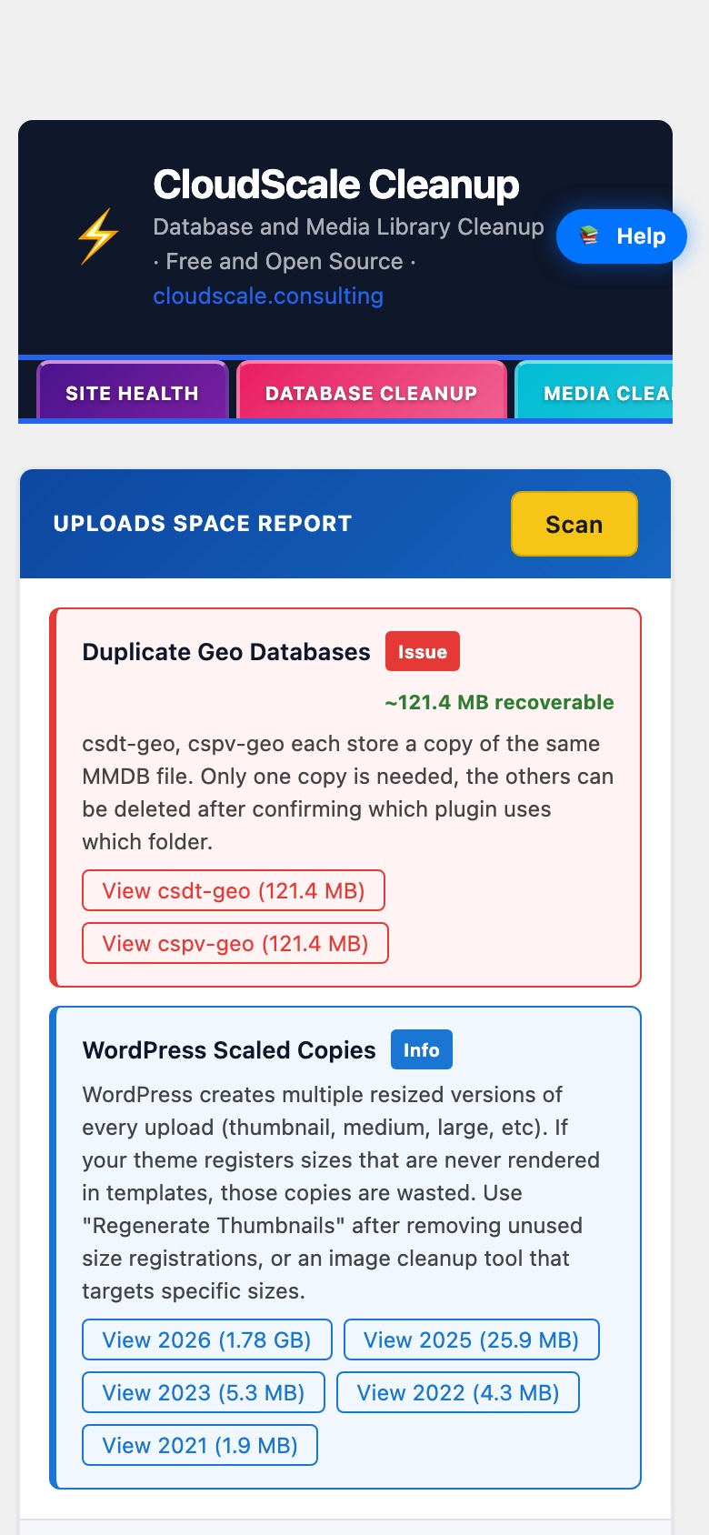 CloudScale Cleanup, Free WordPress Database Cleaner, Image Optimizer & Cron Manager, Storage screenshot, as it appears on a mobile screen